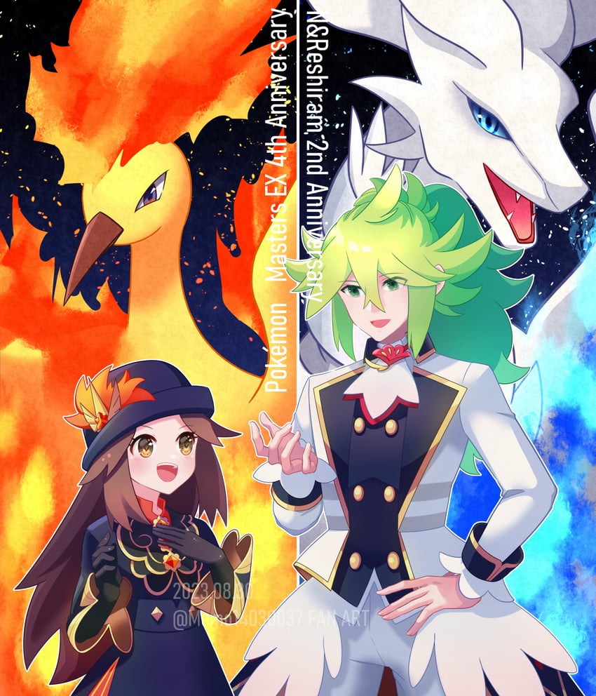 reshiram, moltres, n, and leaf (pokemon and 1 more) drawn by memo14030037
