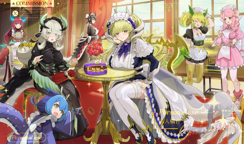 laundry dragonmaid, parlor dragonmaid, kitchen dragonmaid, chamber dragonmaid, house dragonmaid, and 2 more (yu-gi-oh!) drawn by hsin