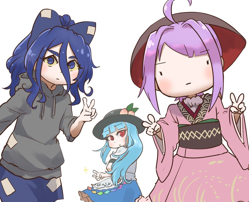 hinanawi tenshi, sukuna shinmyoumaru, and yorigami shion (touhou) drawn by chamaji