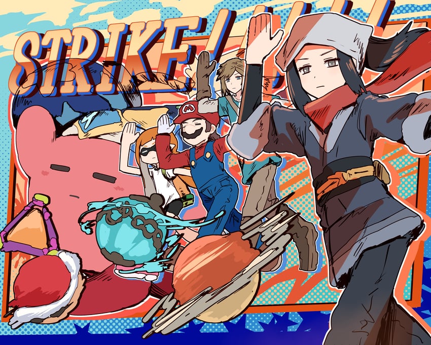 link, inkling player character, inkling girl, kirby, mario, and 2 more (pokemon and 7 more) drawn by bullfalk