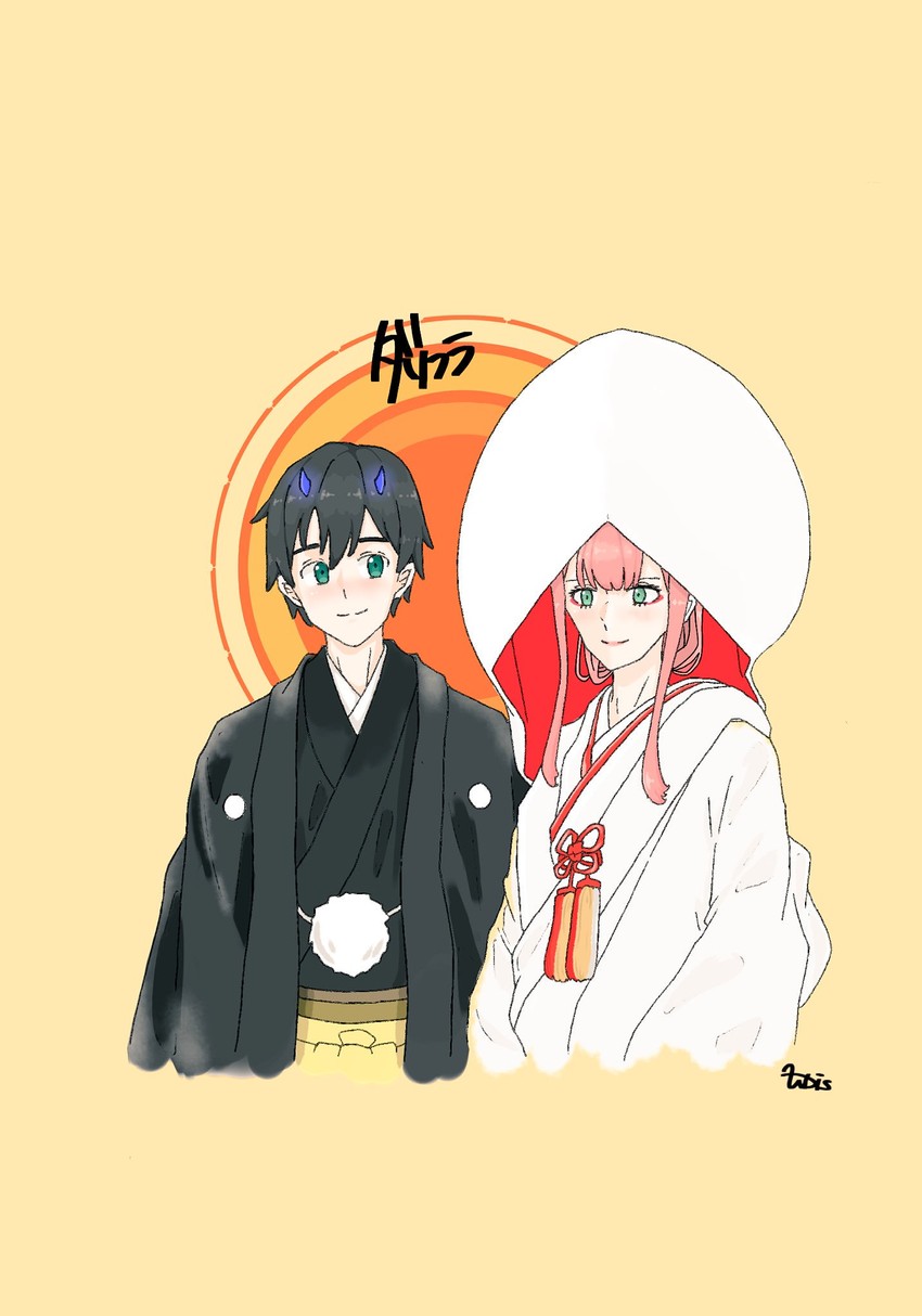 zero two and hiro (darling in the franxx) drawn by uchikun_palette