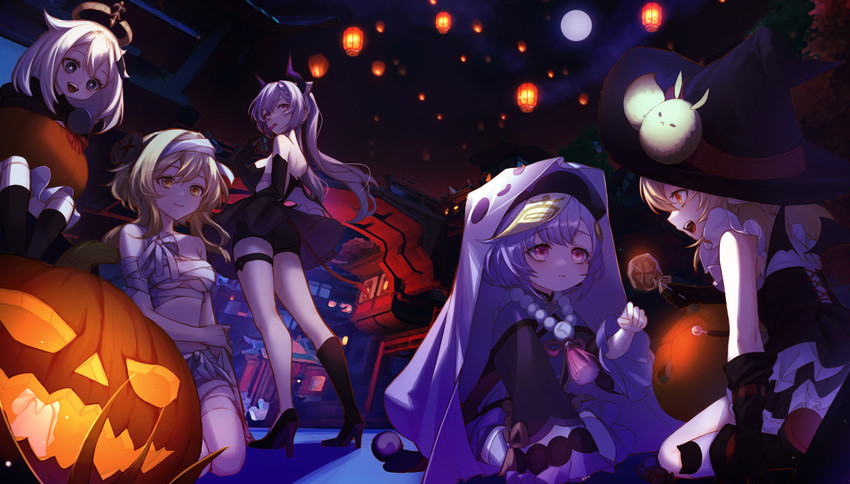 lumine, keqing, paimon, klee, qiqi, and 1 more (genshin impact) drawn by maplefoxy