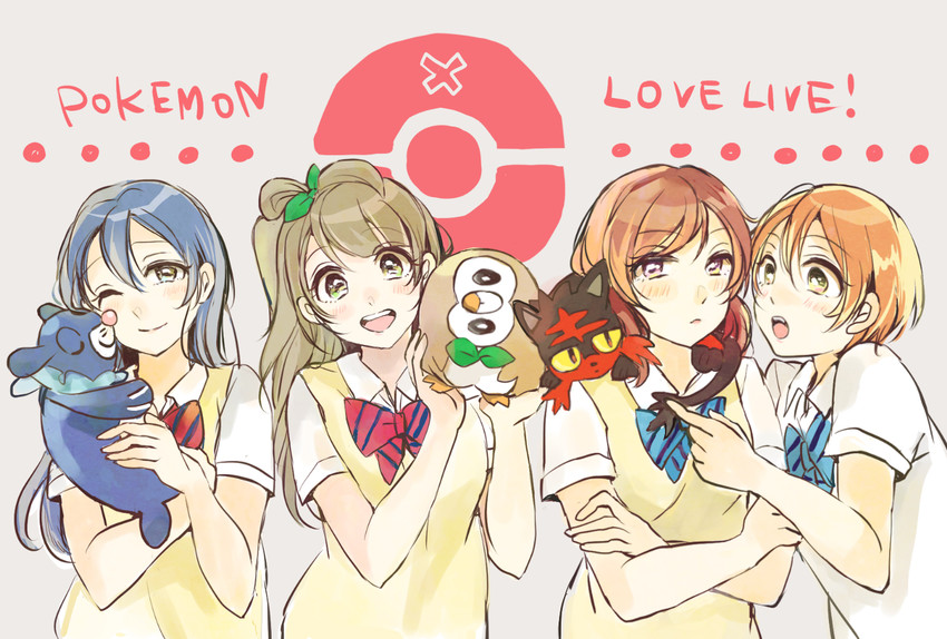 nishikino maki, sonoda umi, minami kotori, hoshizora rin, rowlet, and 2 more (pokemon and 3 more) drawn by alice-yuki