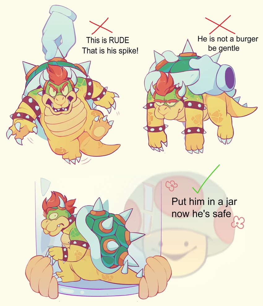 bowser, toad, and red toad (mario and 1 more) drawn by michiasesino