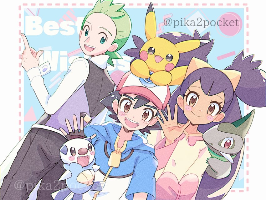pikachu, ash ketchum, oshawott, iris, cilan, and 1 more (pokemon and 1 more) drawn by pika2pocket