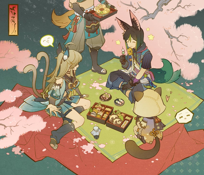 tighnari, kirara, gorou, and sayu (genshin impact) drawn by yandee233