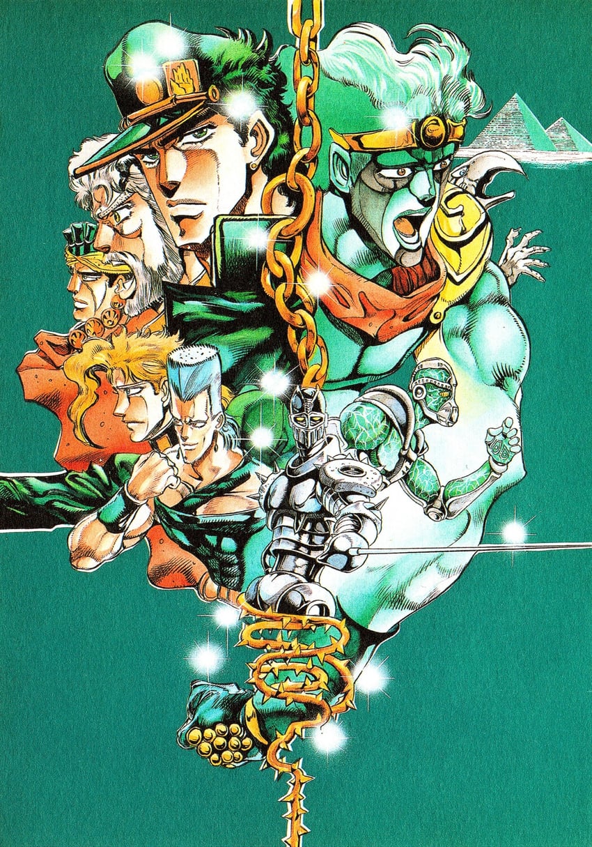 joseph joestar, kujo jotaro, kakyoin noriaki, jean pierre polnareff, star platinum, and 5 more (jojo no kimyou na bouken and 1 more) drawn by araki_hirohiko
