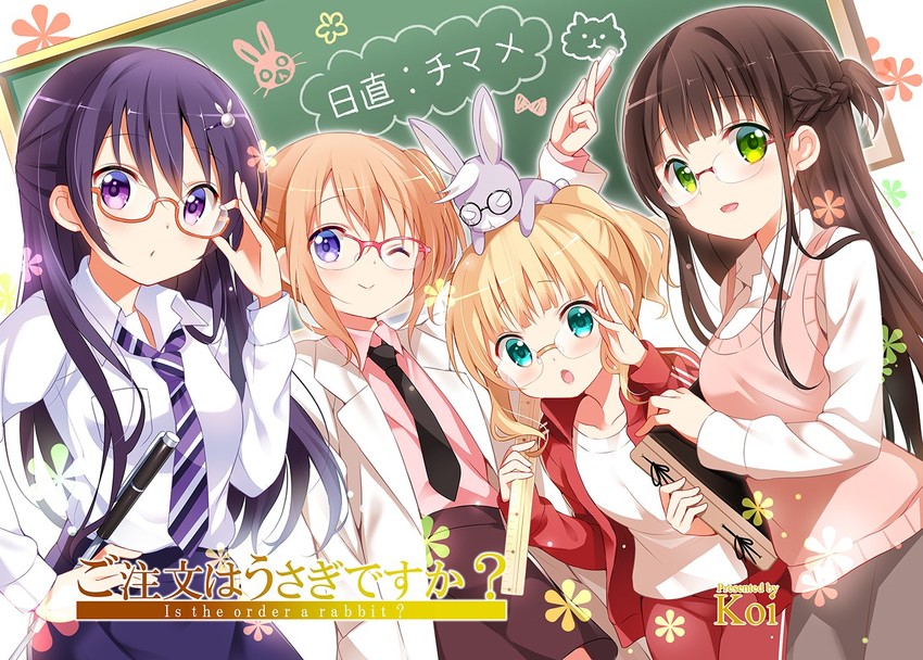 hoto cocoa, kirima syaro, tedeza rize, ujimatsu chiya, and wild geese (gochuumon wa usagi desu ka?) drawn by koi_(koisan)