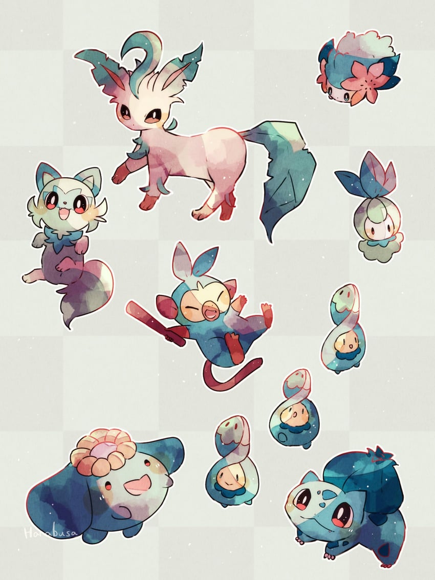 bulbasaur, sprigatito, leafeon, grookey, shaymin, and 3 more (pokemon) drawn by hanabusaoekaki