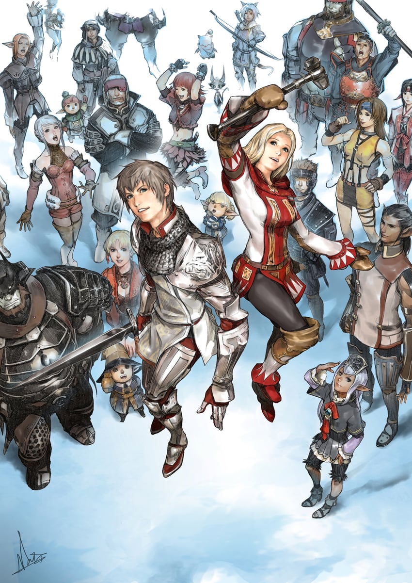 adventurer, moogle, white mage, black mage, paladin, and 18 more (final fantasy and 1 more) drawn by naora_yusuke