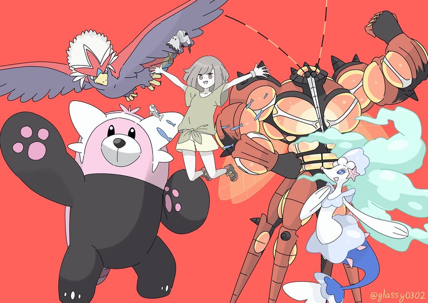 mimikyu, primarina, wishiwashi, bewear, braviary, and 2 more (original and 2 more) drawn by glassy0302