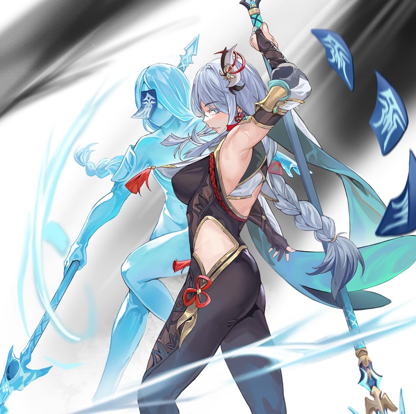 shenhe and shenhe's talisman spirit (genshin impact) drawn by lan_xiezi