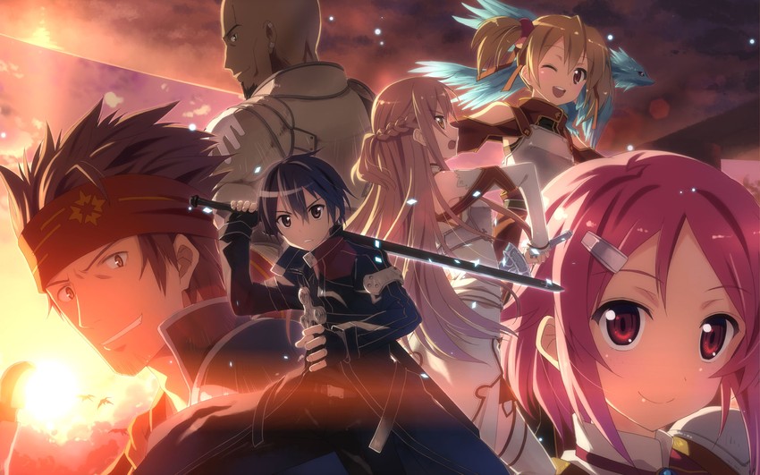 asuna, kirito, silica, lisbeth, pina, and 2 more (sword art online) drawn by yuuki_tatsuya