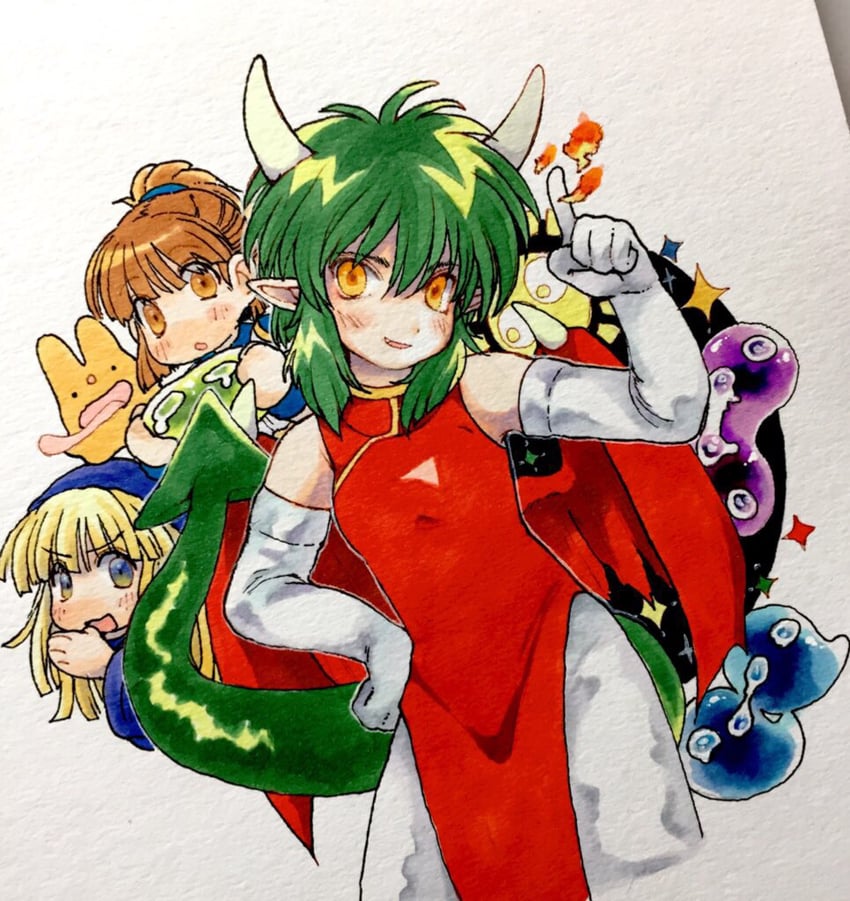arle nadja, puyo, carbuncle, and draco centauros (puyopuyo and 1 more) drawn by kagaya_(oshiriudon)