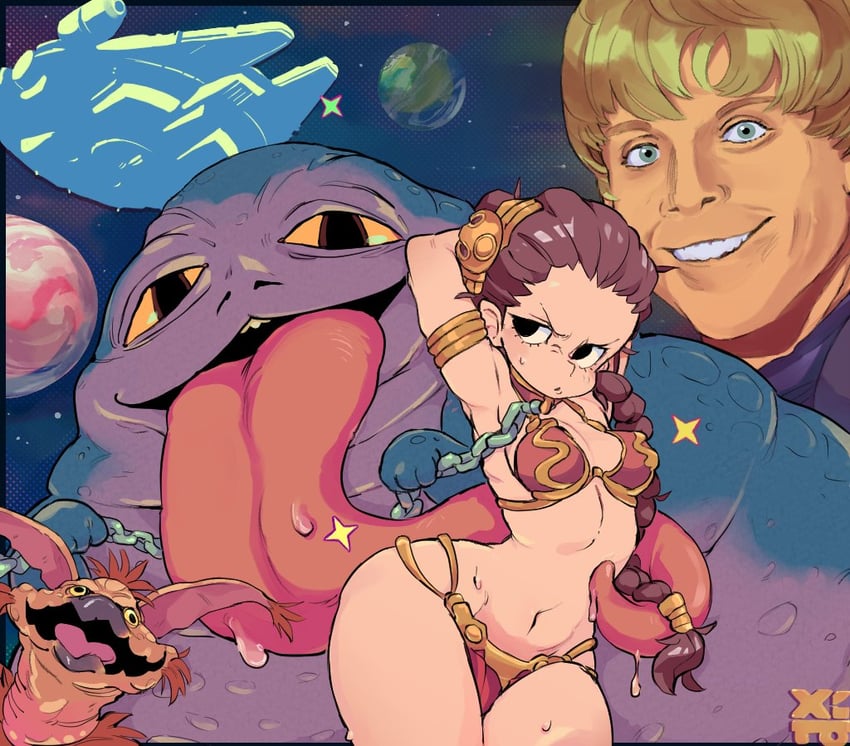 princess leia, luke skywalker, huttslayer leia, jabba the hutt, salacious crumb, and 1 more (star wars and 2 more) drawn by starmilk