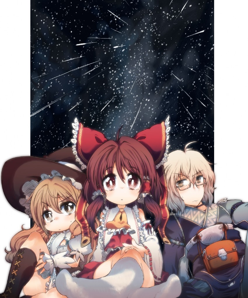 hakurei reimu, kirisame marisa, and morichika rinnosuke (touhou) drawn by cream_(nipakupa)