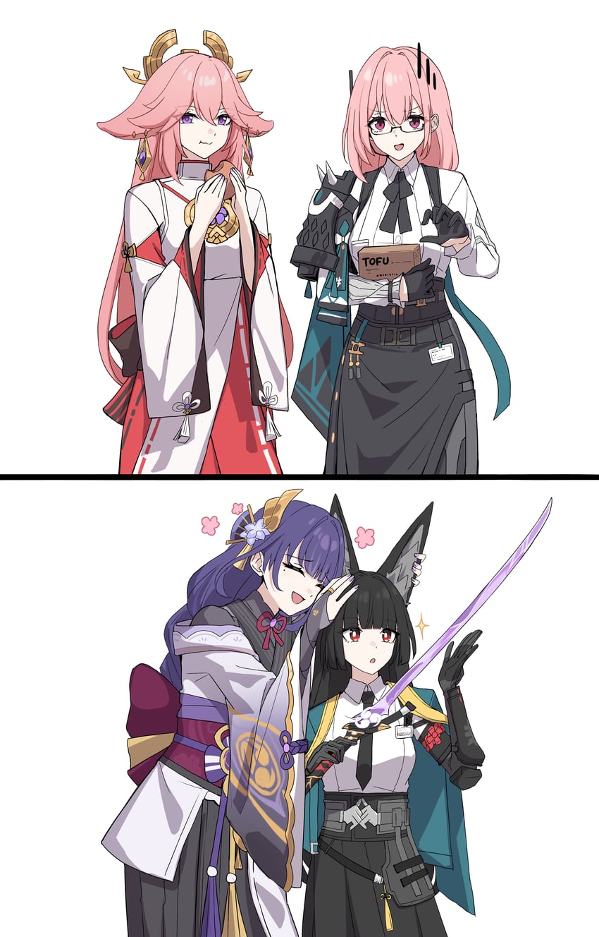 raiden shogun, yae miko, hoshimi miyabi, and tsukishiro yanagi (genshin impact and 2 more) drawn by asiri_senpai