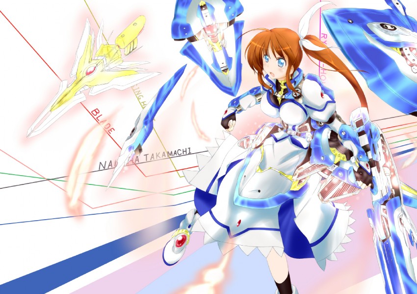 takamachi nanoha, raising heart, strike cannon, and fortress (lyrical nanoha and 1 more) drawn by morito_(mikamitouya)