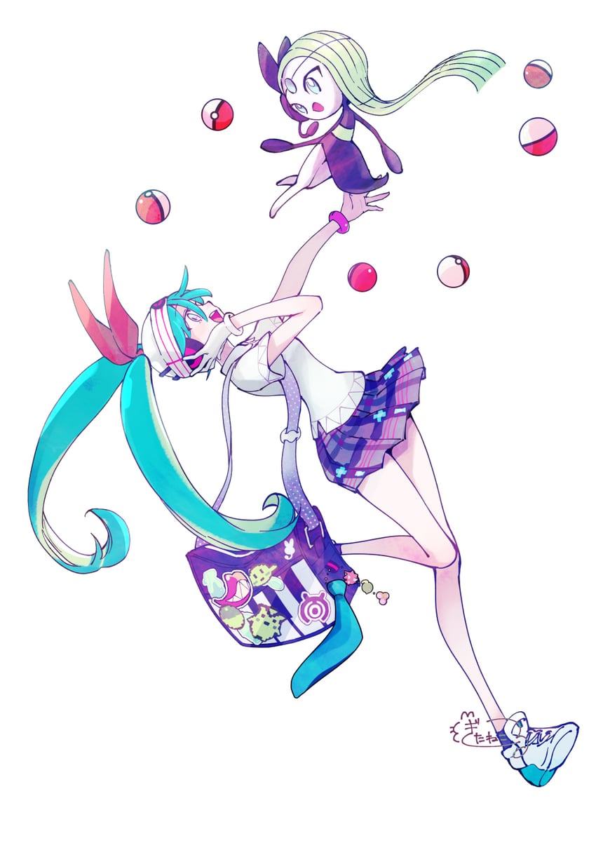 hatsune miku, meloetta, and psychic miku (pokemon and 2 more) drawn by guitarcat