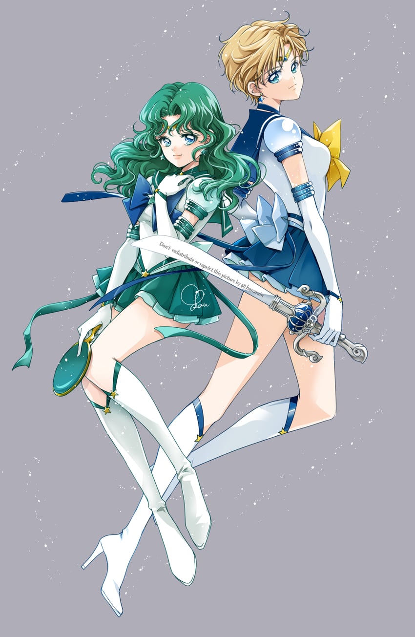 ten'ou haruka, kaiou michiru, sailor uranus, sailor neptune, super sailor uranus, and 1 more (bishoujo senshi sailor moon and 1 more) drawn by sarashina_kau