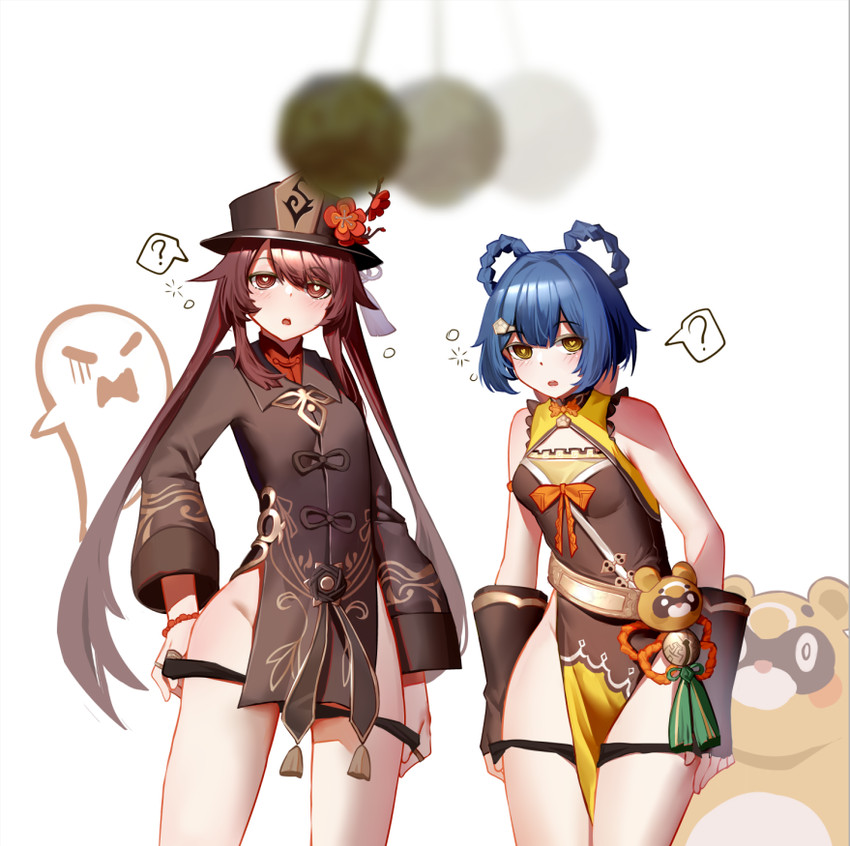 hu tao, boo tao, xiangling, and guoba (genshin impact) drawn by mihua_mh