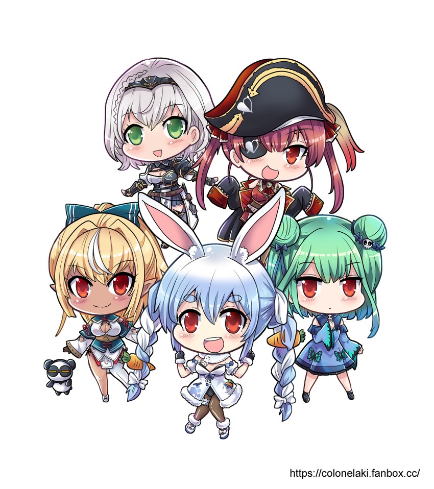 houshou marine, usada pekora, shirogane noel, uruha rushia, shiranui flare, and 2 more (hololive) drawn by colonel_aki
