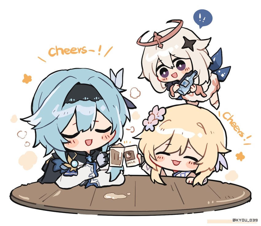 lumine, paimon, and eula (genshin impact) drawn by kyou_039