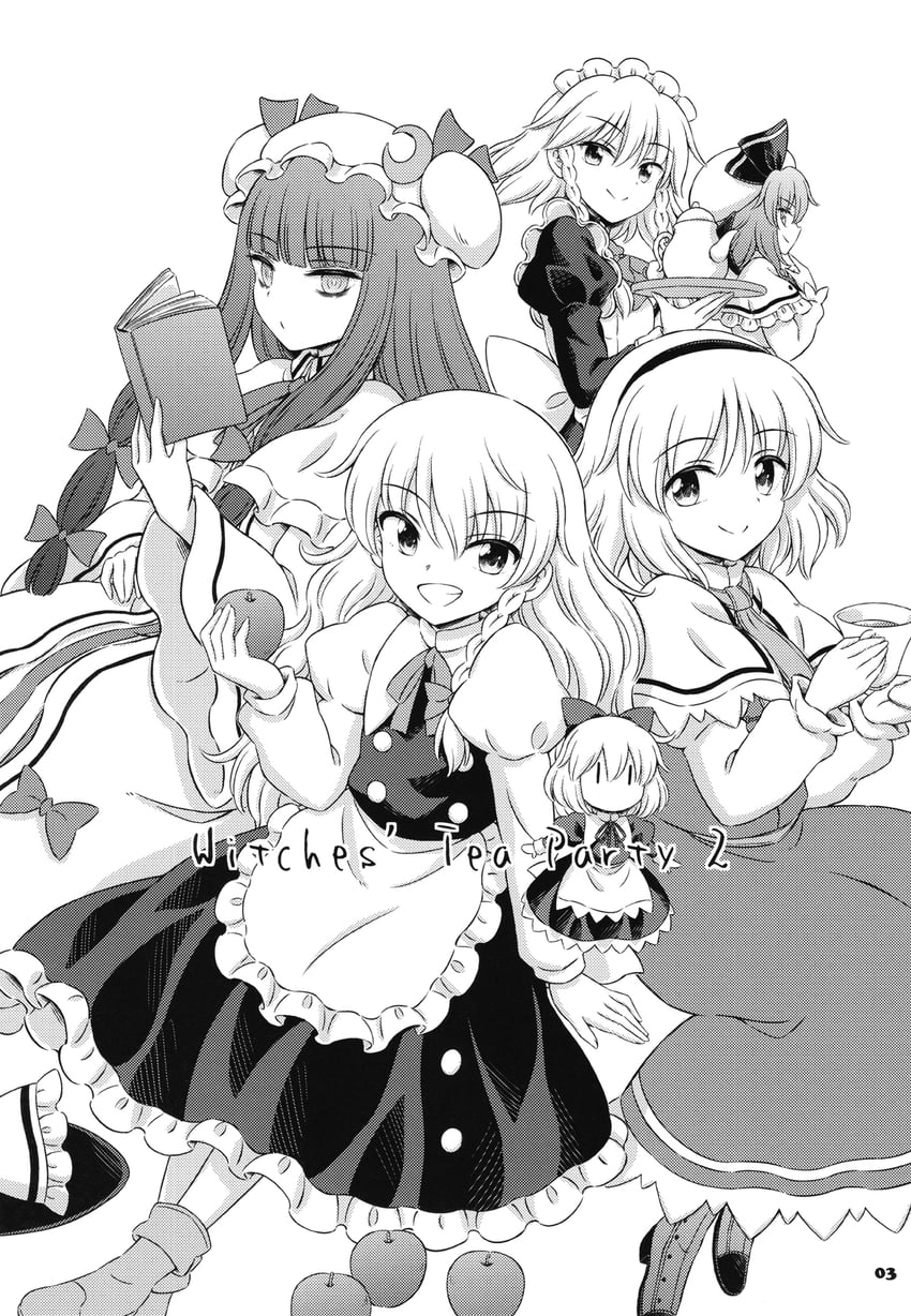 kirisame marisa, remilia scarlet, izayoi sakuya, alice margatroid, patchouli knowledge, and 1 more (touhou) drawn by hirasaka_makoto