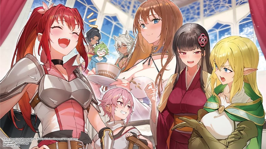 ryu lion, alise lovell, astraea, gojouno kaguya, lyra, and 3 more (dungeon ni deai wo motomeru no wa machigatteiru darou ka and 1 more) drawn by kakage