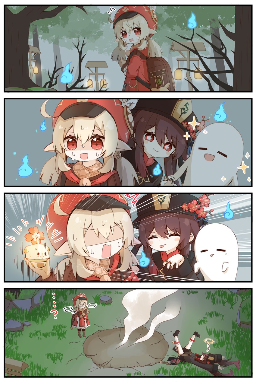 hu tao, klee, boo tao, dodoco, and jumpy dumpty (genshin impact) drawn by yoshinao_(yoshinao_0203)