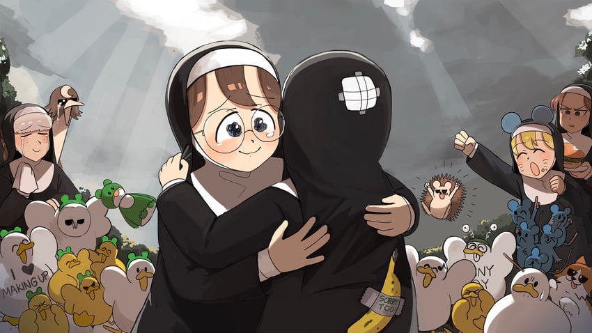 clumsy nun, froggy nun, sheep nun, glasses nun, and hungry nun (little nuns) drawn by diva_(hyxpk)