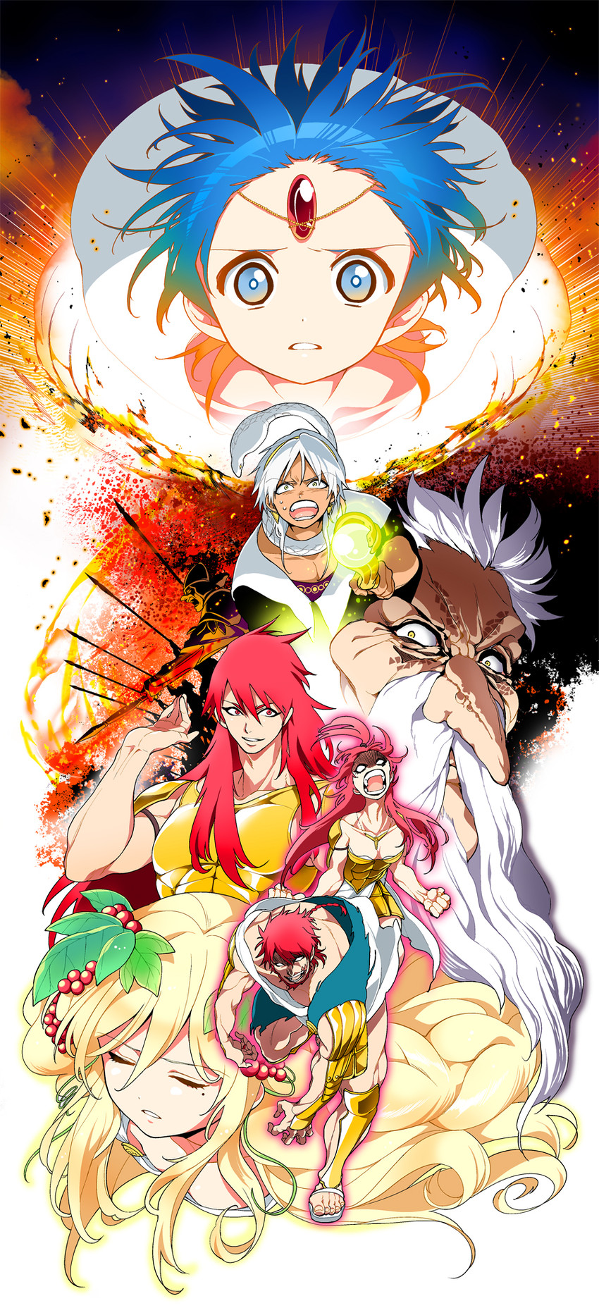 aladdin, scheherazade, sphintus carmen, mu alexius, muron alexius, and 2 more (magi the labyrinth of magic) drawn by dalc_rose