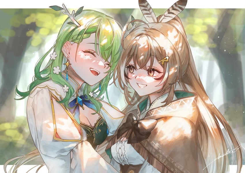 nanashi mumei and ceres fauna (hololive and 1 more) drawn by akari0120_s
