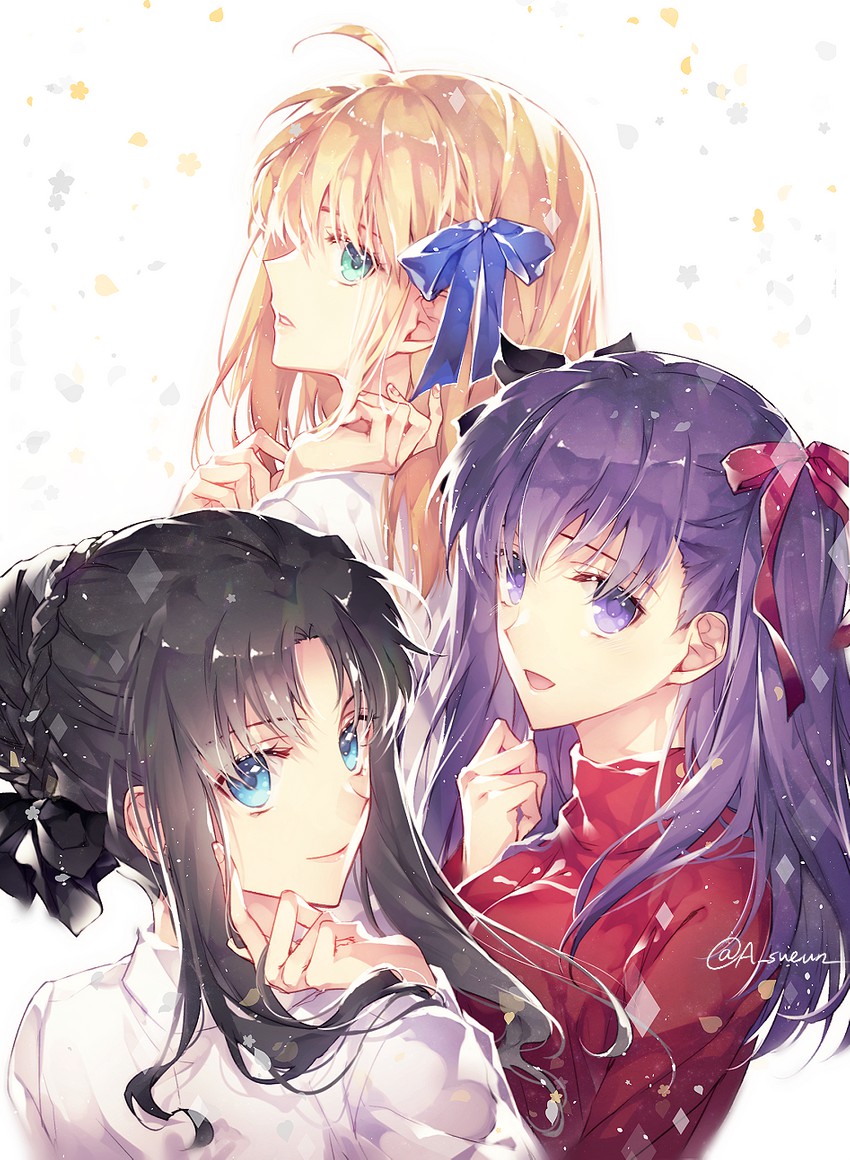artoria pendragon, saber, tohsaka rin, and matou sakura (fate and 1 more) drawn by h_sueun