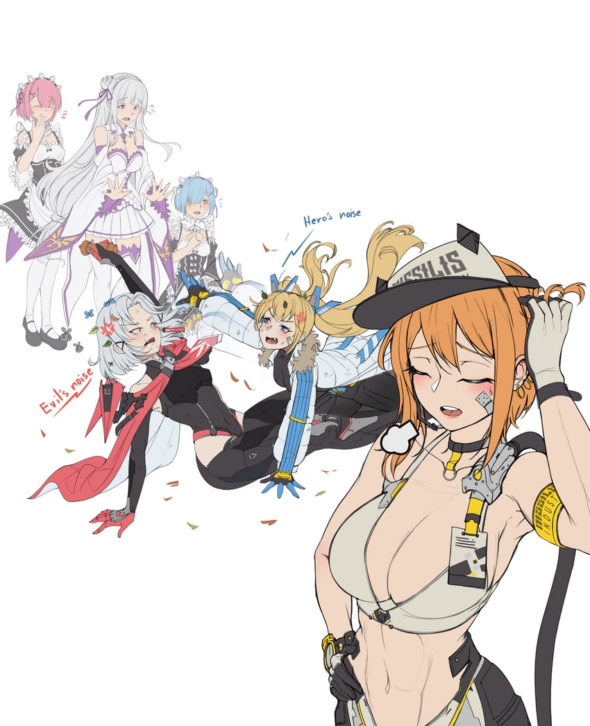 rem, emilia, ram, drake, laplace, and 1 more (goddess of victory: nikke and 1 more) drawn by peaceterzero