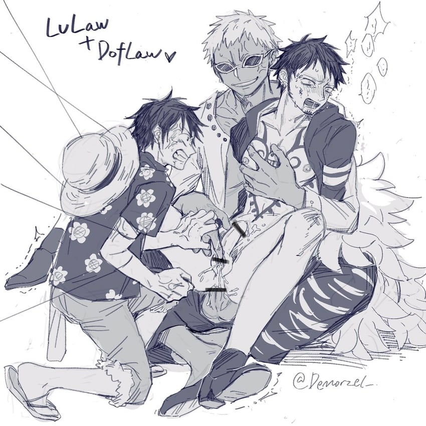 monkey d. luffy, trafalgar law, and donquixote doflamingo (one piece) drawn by demorzel