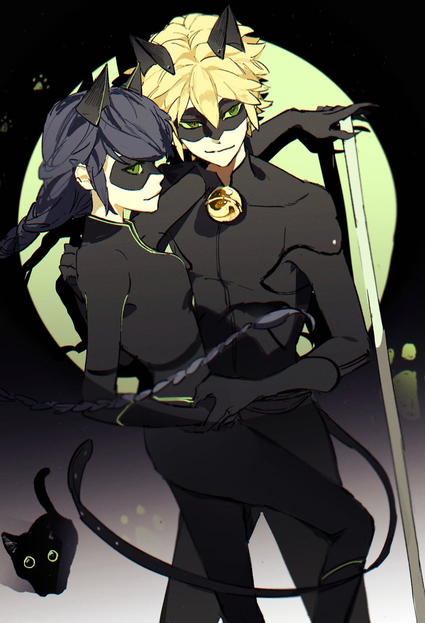 marinette dupain-cheng, adrien agreste, chat noir, and lady noir (miraculous ladybug) drawn by ddun_ddara