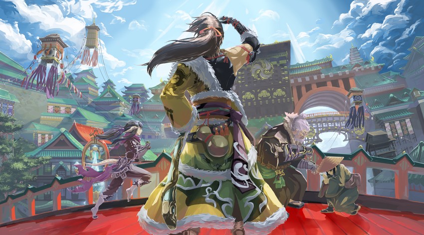yotsuyu goe brutus, ninja, samurai, hien rijin, yugiri mistwalker, and 1 more (final fantasy and 1 more) drawn by russiya