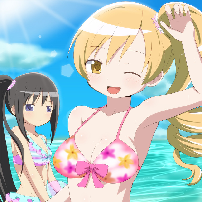 akemi homura and tomoe mami (mahou shoujo madoka magica) drawn by shuruken_(yuumo)
