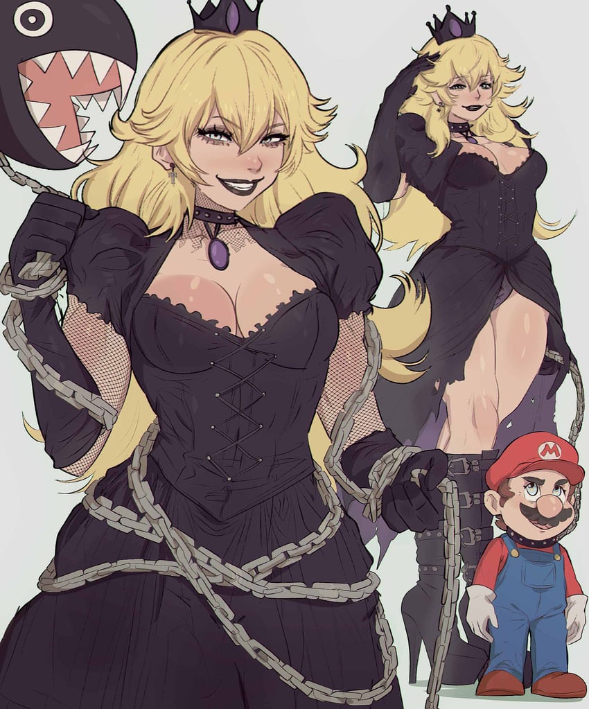 princess peach, mario, and chain chomp (mario and 1 more) drawn by yoracrab
