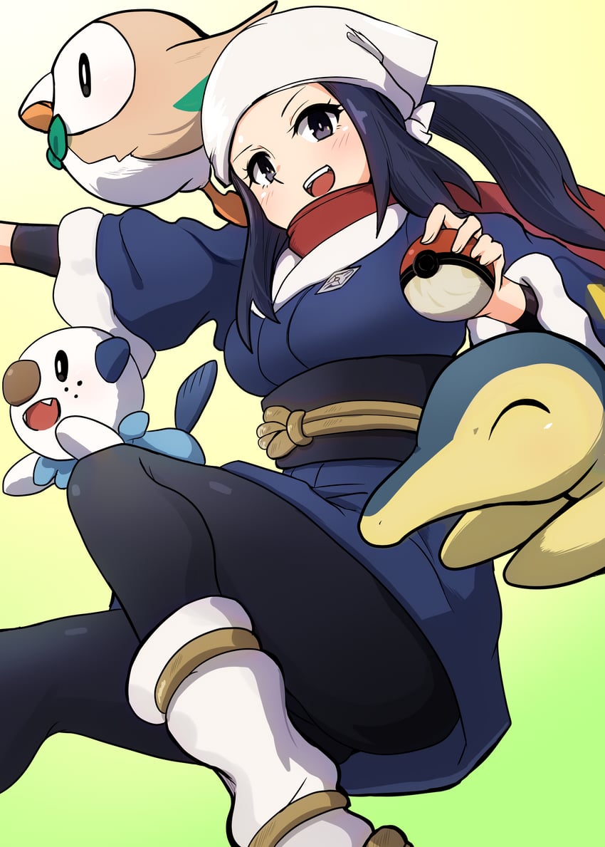 akari, rowlet, oshawott, and cyndaquil (pokemon and 1 more) drawn by asyura_kumo