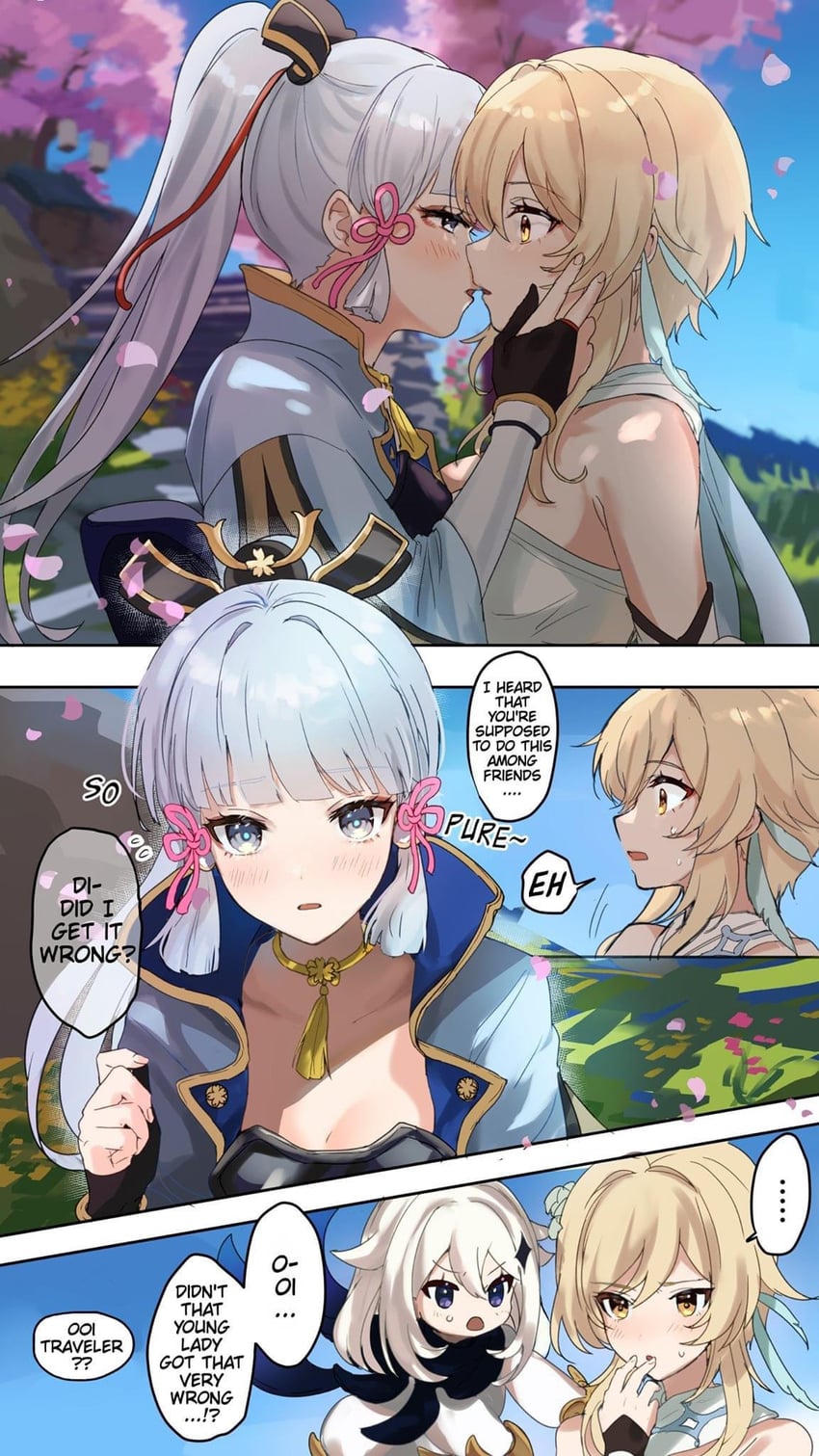 lumine, paimon, and kamisato ayaka (genshin impact) drawn by hominamia