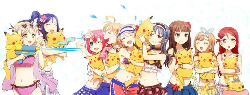 pikachu, watanabe you, tsushima yoshiko, sakurauchi riko, takami chika, and 6 more (pokemon and 2 more) drawn by heru_(totoben)