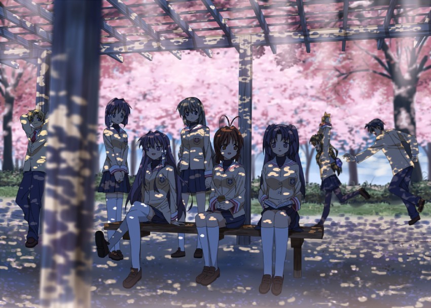 furukawa nagisa, fujibayashi kyou, ibuki fuuko, sakagami tomoyo, okazaki tomoya, and 3 more (clannad) drawn by nagareboshi