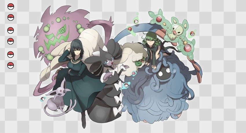 tatsumaki, espeon, fubuki, whimsicott, reuniclus, and 3 more (pokemon and 1 more) drawn by no-kan