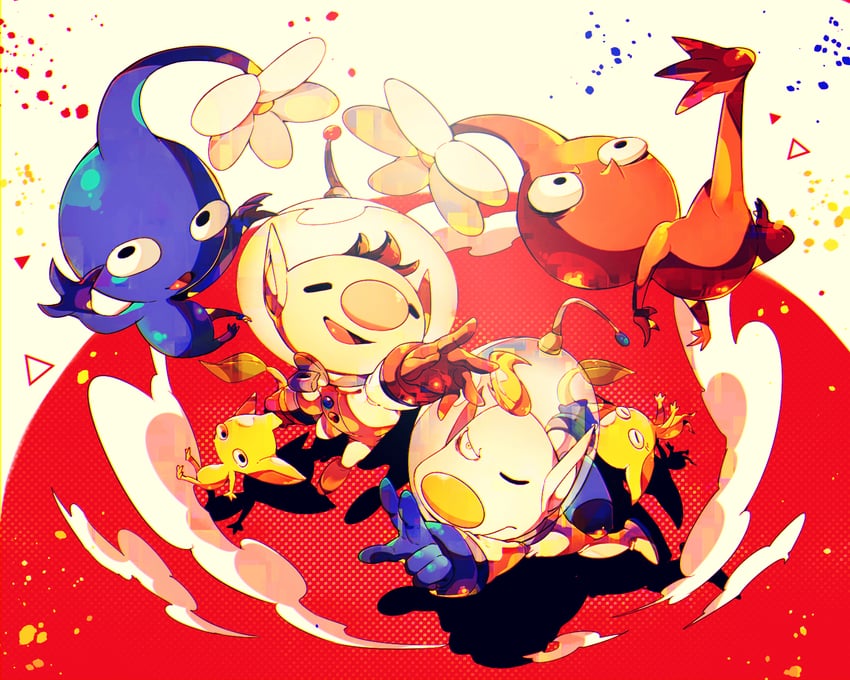 red pikmin, olimar, yellow pikmin, blue pikmin, and louie (pikmin) drawn by shirushiki
