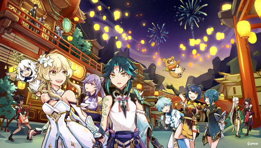 ganyu, lumine, zhongli, keqing, paimon, and 10 more (genshin impact) drawn by elphaze