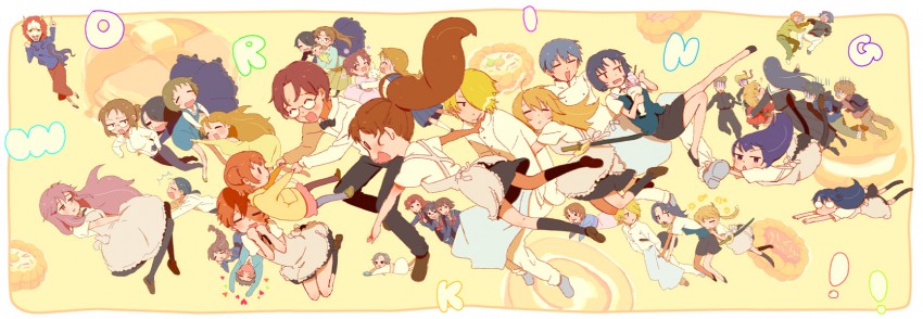 taneshima popura, inami mahiru, yamada aoi, todoroki yachiyo, satou jun, and 12 more (working!!) drawn by mukamo_(inujita)