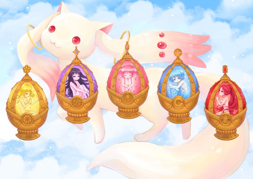 akemi homura, kaname madoka, miki sayaka, sakura kyoko, tomoe mami, and 1 more (mahou shoujo madoka magica) drawn by sanmi_tenten