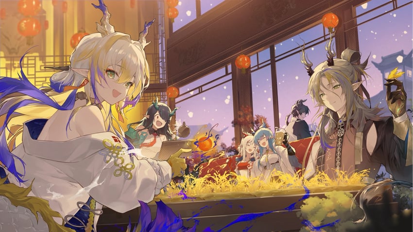 shu, dusk, nian, ling, chongyue, and 1 more (arknights) drawn by jiusan_naitang